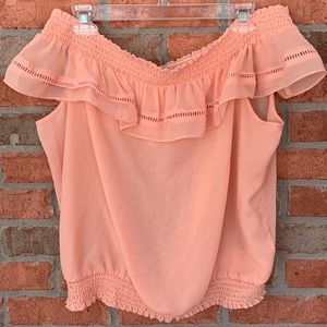 Bebe peach off shoulder ruffle shirt